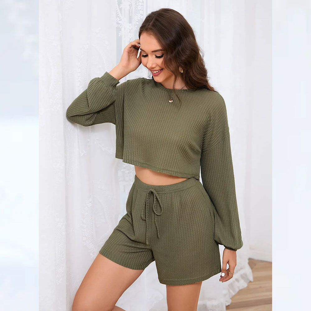 Suit Casual Solid Color Round Neck Shorts Simple Design Pajamas Women