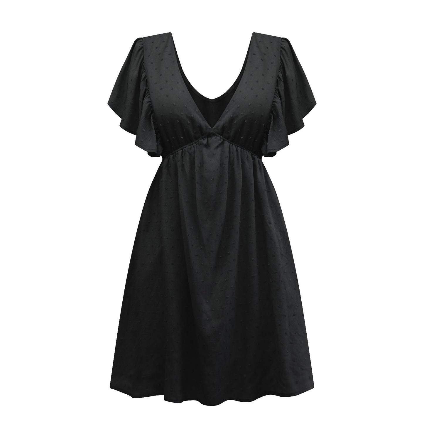 Summer Women Clothing Lotus Leaf Sleeve V-neck Backless T-shirt Dress Loose Casual Dress New Black