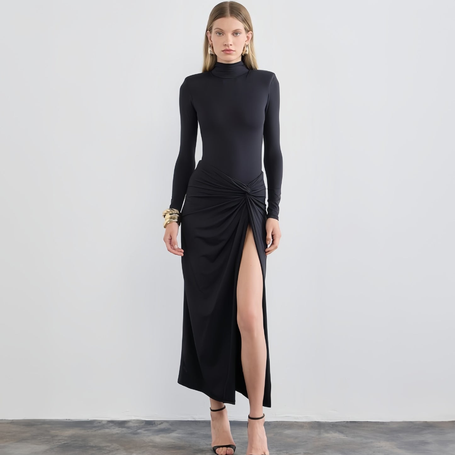 Fall Women Clothing Half Turtleneck Sexy Slit Pleated Dress Women Black