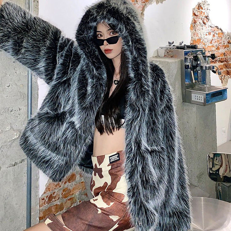 Women Faux Fox Fur Fur Hooded Jacket Women Online Influencer Winter Loose Fur Warm Lamb Wool Coat Arctic Fox Color