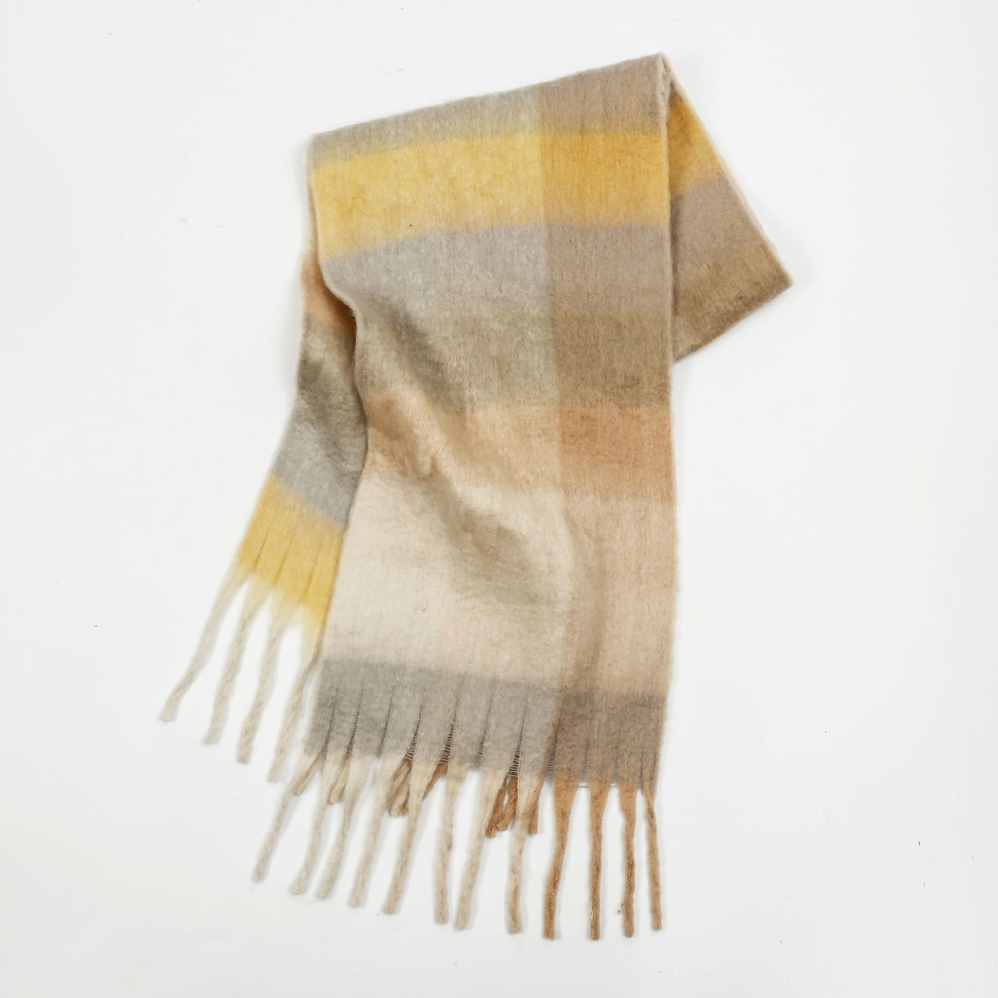 Women Color Matching Mohair Scarf Autumn Winter Warm Thickening Lattice Tassel One Size Coffee Beige