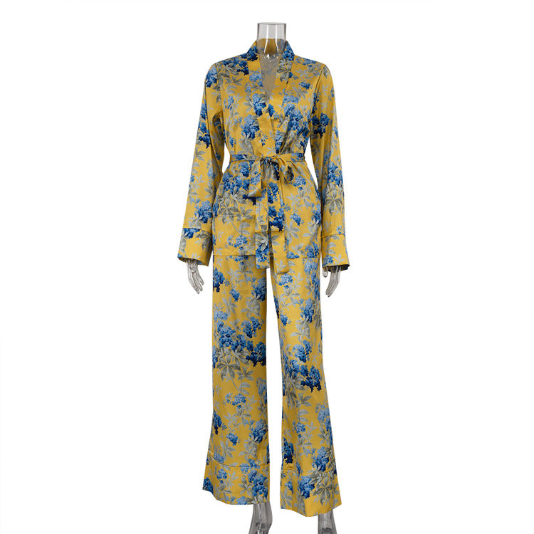 Autumn Winter Satin Printed Long Sleeve Lace up Two Piece Set High Waist Wide Leg Pants Set Yellow