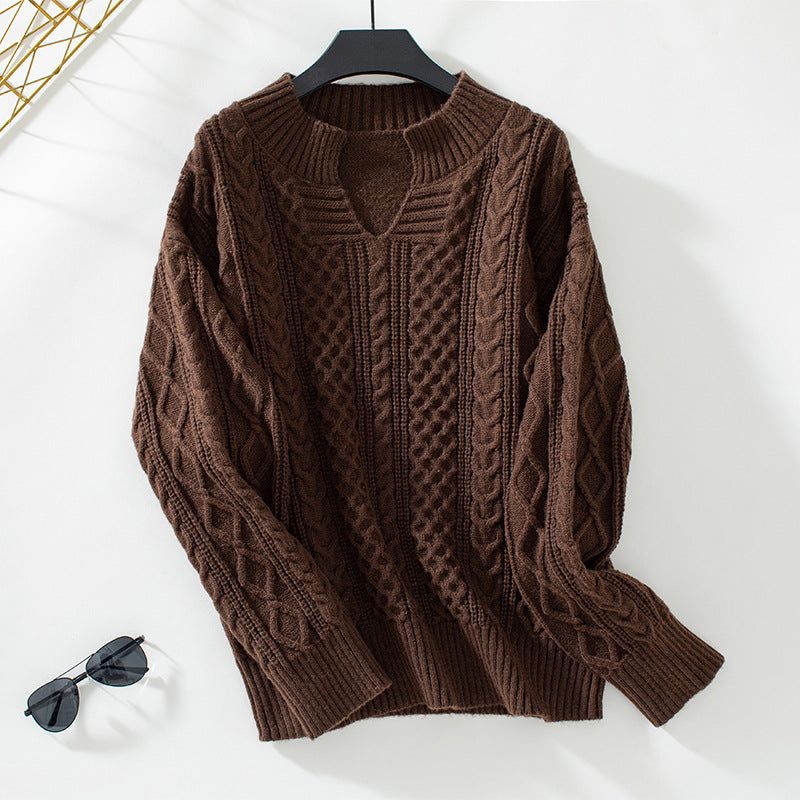 Solid Color Twisted Pullover Cardigan Collar Sweater Women Autumn Winter Retro Loose Long Sleeve Sweater Brown