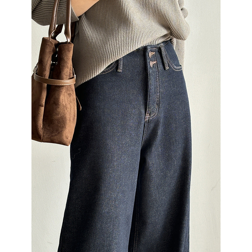 Retro High Waist Wide Leg Jeans Winter Loose Straight Warm Long Pants