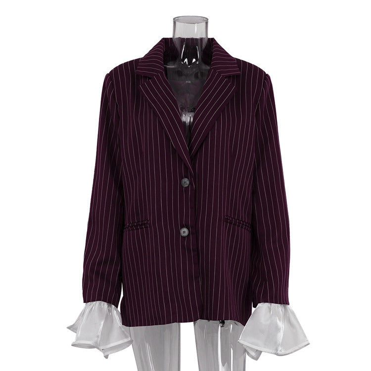 Spring Autumn Elegant Striped Blazer Women Design Lace Bell Sleeve Loose Casual Burgundy