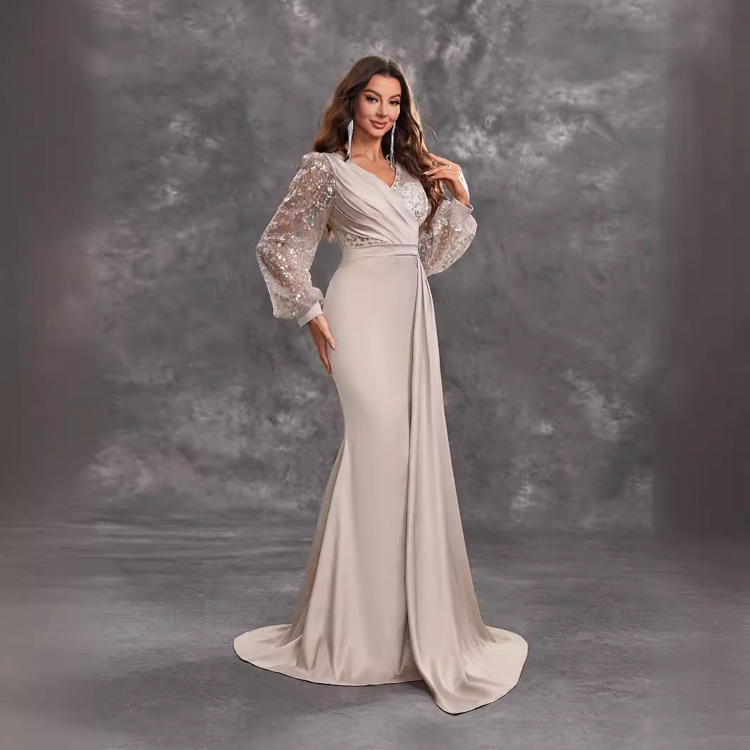 Women Cocktail Party Evening Dress Sequined Satin V neck Long Sleeve Elegant Evening Gown