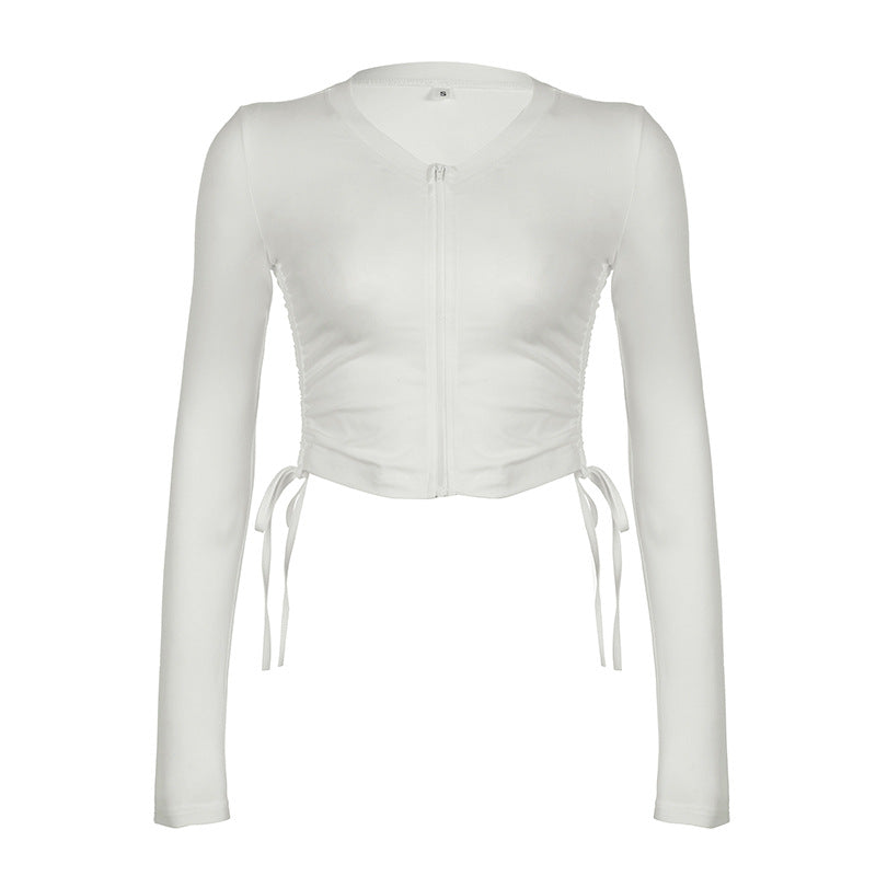 Sports V neck Slim Long Sleeve Top Solid Color Zipper Cardigan Drawstring Casual All Match Basic T shirt for Women White