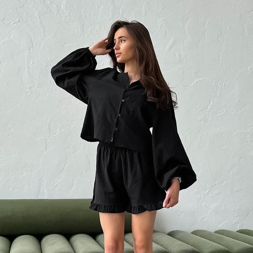 Autumn Pink Cotton Long Sleeve Shorts Women Homewear Lantern Sleeve Ruffled Pajamas Sets Black