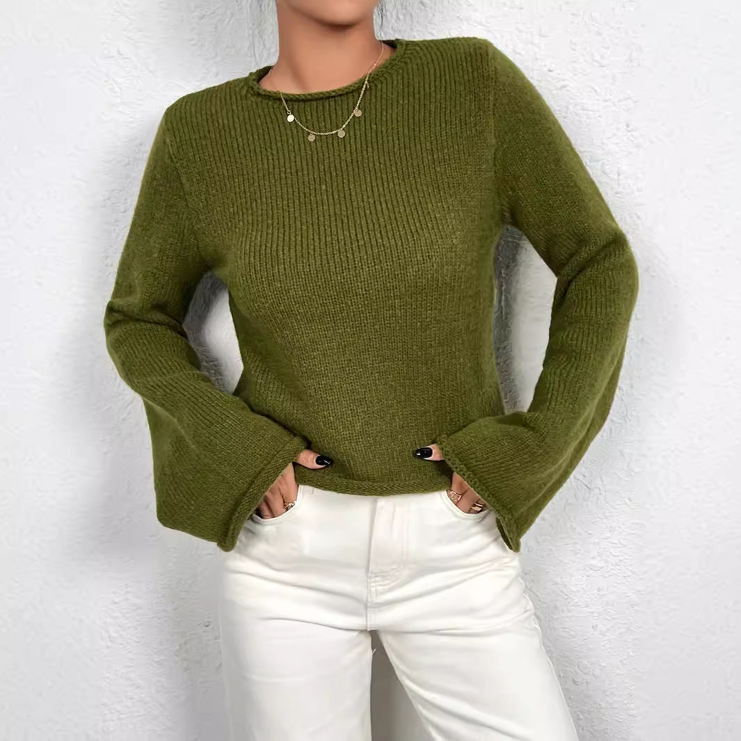 Spring Autumn Solid Color Sweater Women Crew Neck Bell Sleeve Top Slimming Women Clothing