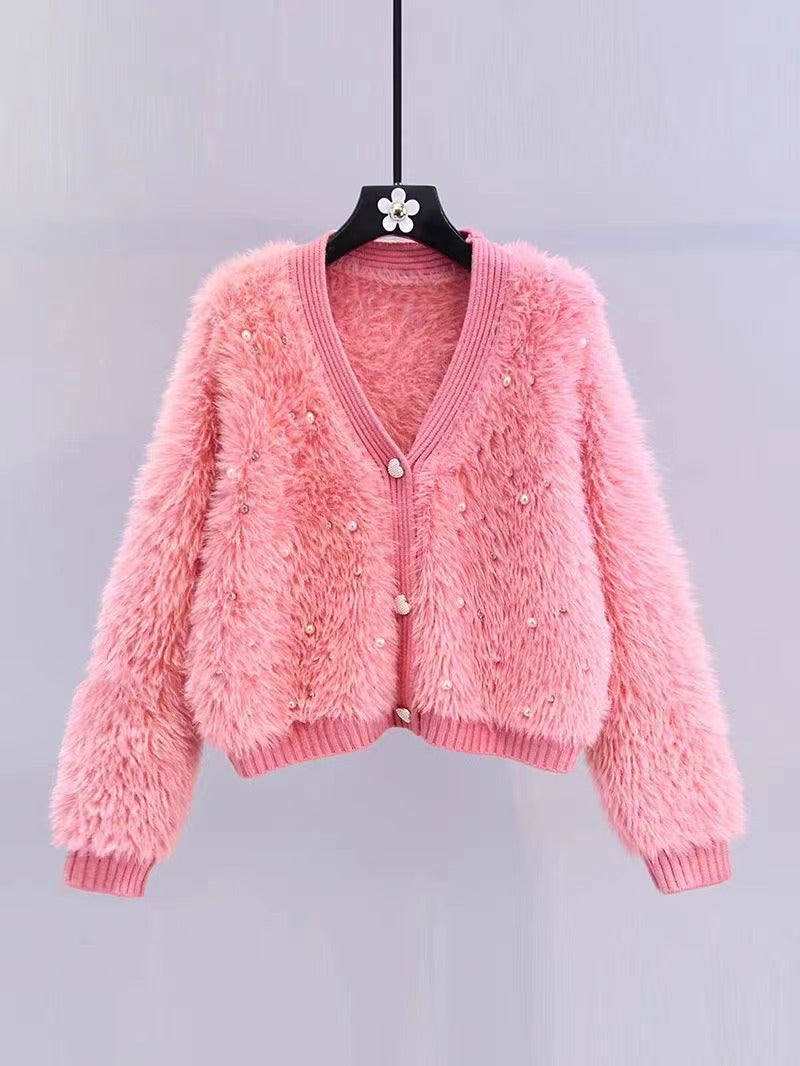 Chic Chanel Beaded Artificial Mink Fur Sweater Coat Women Loose Short V neck Knitted Cardigan One Size Pink