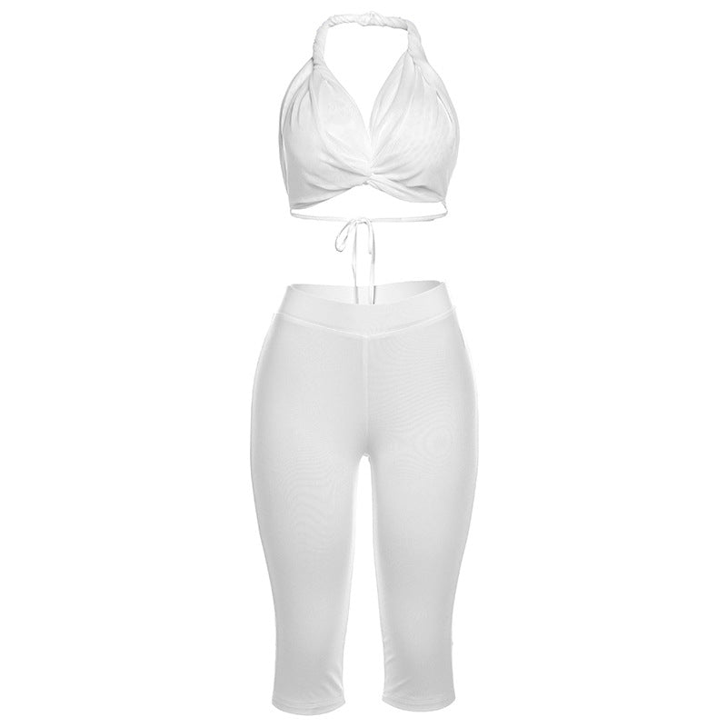 Fall Women Clothing Sexy Halter Bikini Backless Lace Up Cropped Pants Sexy Suit Ivory