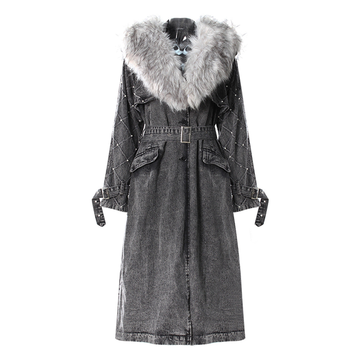 Autumn Winter Retro Detachable Big Fur Collar Denim Long Profile Coat Beaded Lace up Waist Trimming Trench Coat