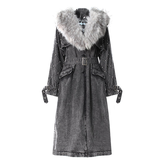 Autumn Winter Retro Detachable Big Fur Collar Denim Long Profile Coat Beaded Lace up Waist Trimming Trench Coat