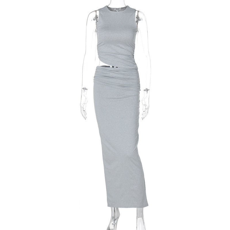 Women Summer round Neck Sleeveless Top Slim Fit Slit Skirt Set Gray