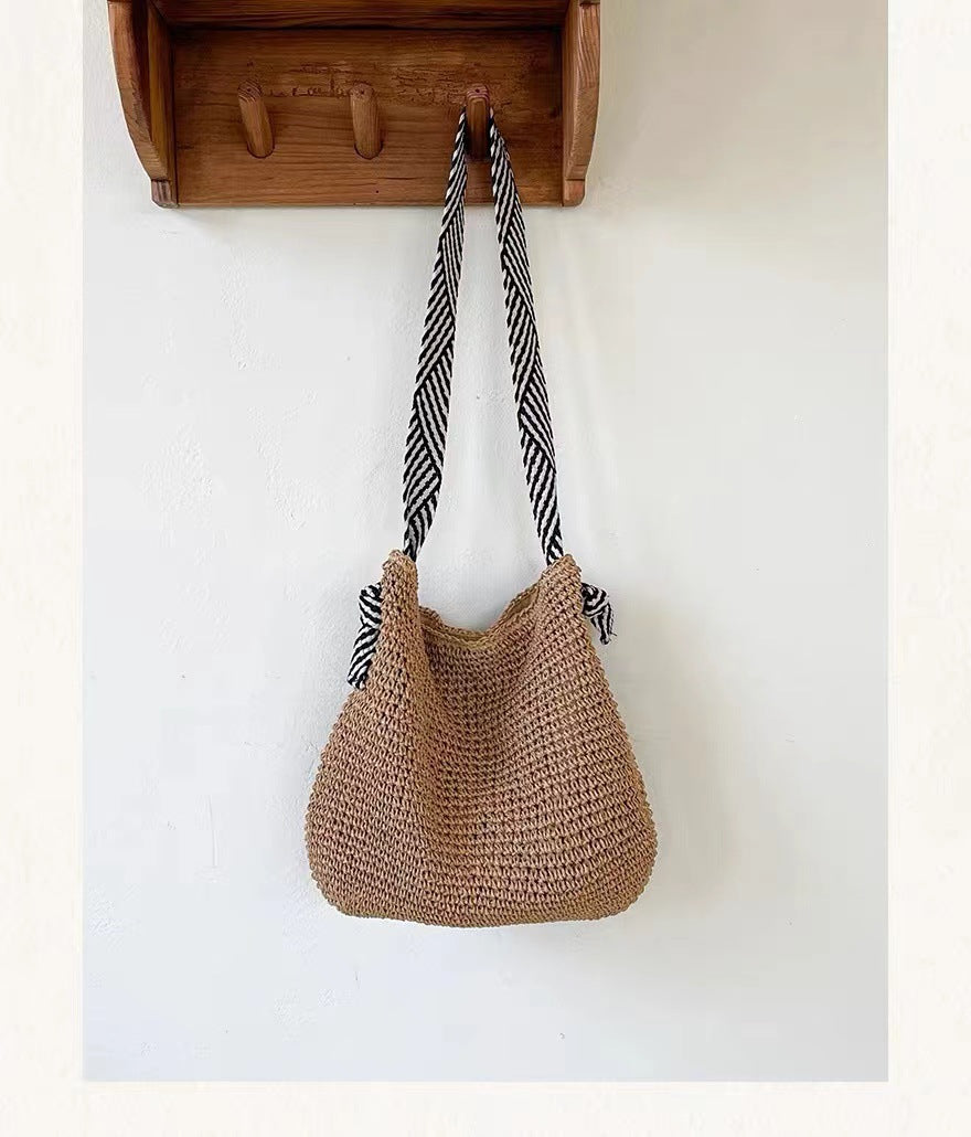 Navy Straw Bag Handmade Shoulder Woven Bag Women Bag Holiday Beach Bag One Size Striped Crossbody Brown