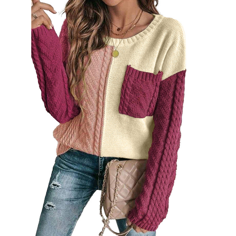 Autumn Pullover round Neck Drop Shoulder Sweater Women Casual Color Matching Long Sleeve Top Women Multi3