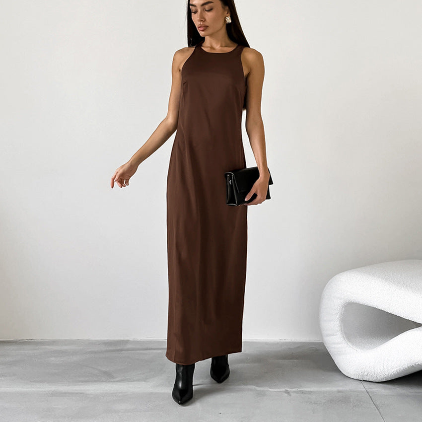 Summer Retro Classic Matte Satin Slim round Neck Sleeveless Straight Casual Dress Women Brown