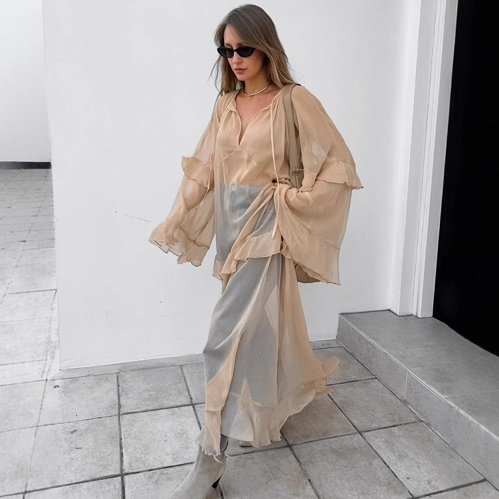 Khaki Autumn Winter Batwing Sleeve Dress Sun Protective Blouse Maxi Dress for Women Khaki