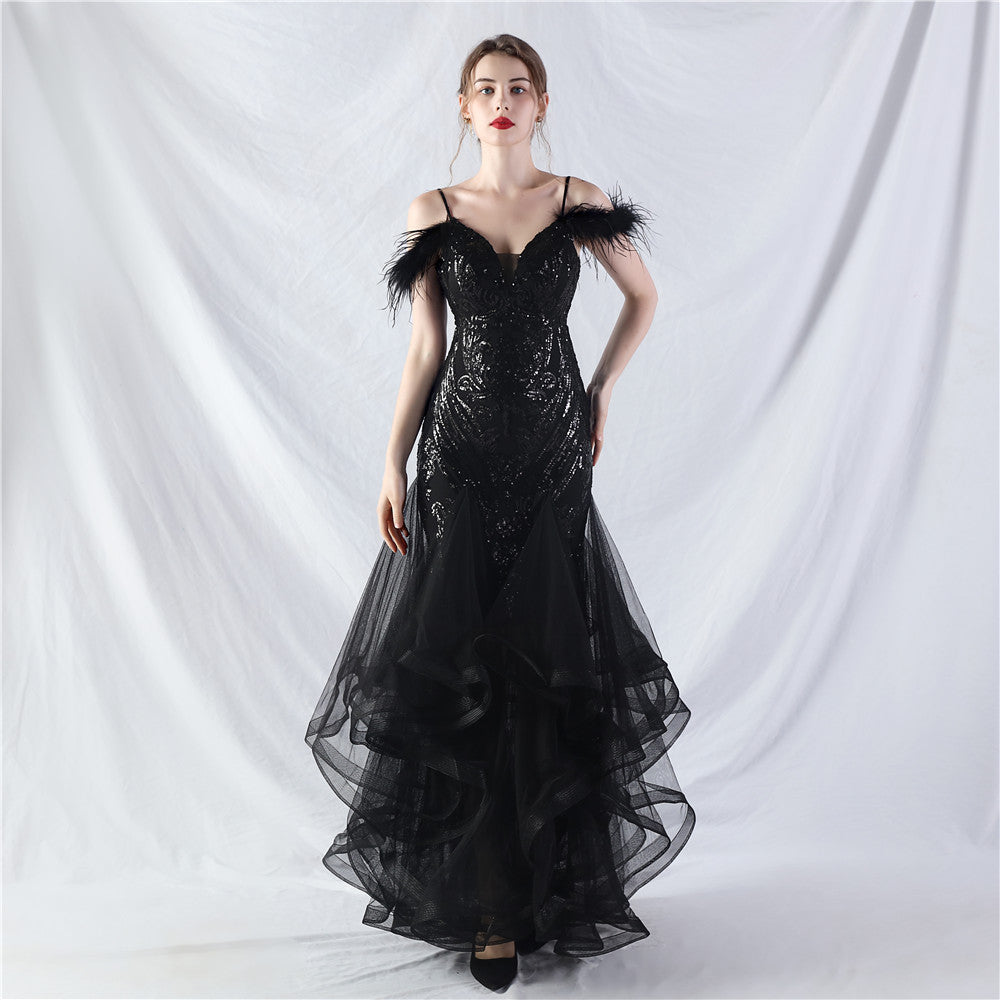 Craft Order Ostrich Feather Hard Mesh Positioning Floral Sequin Stitching Mesh Dance Performance Dress Black