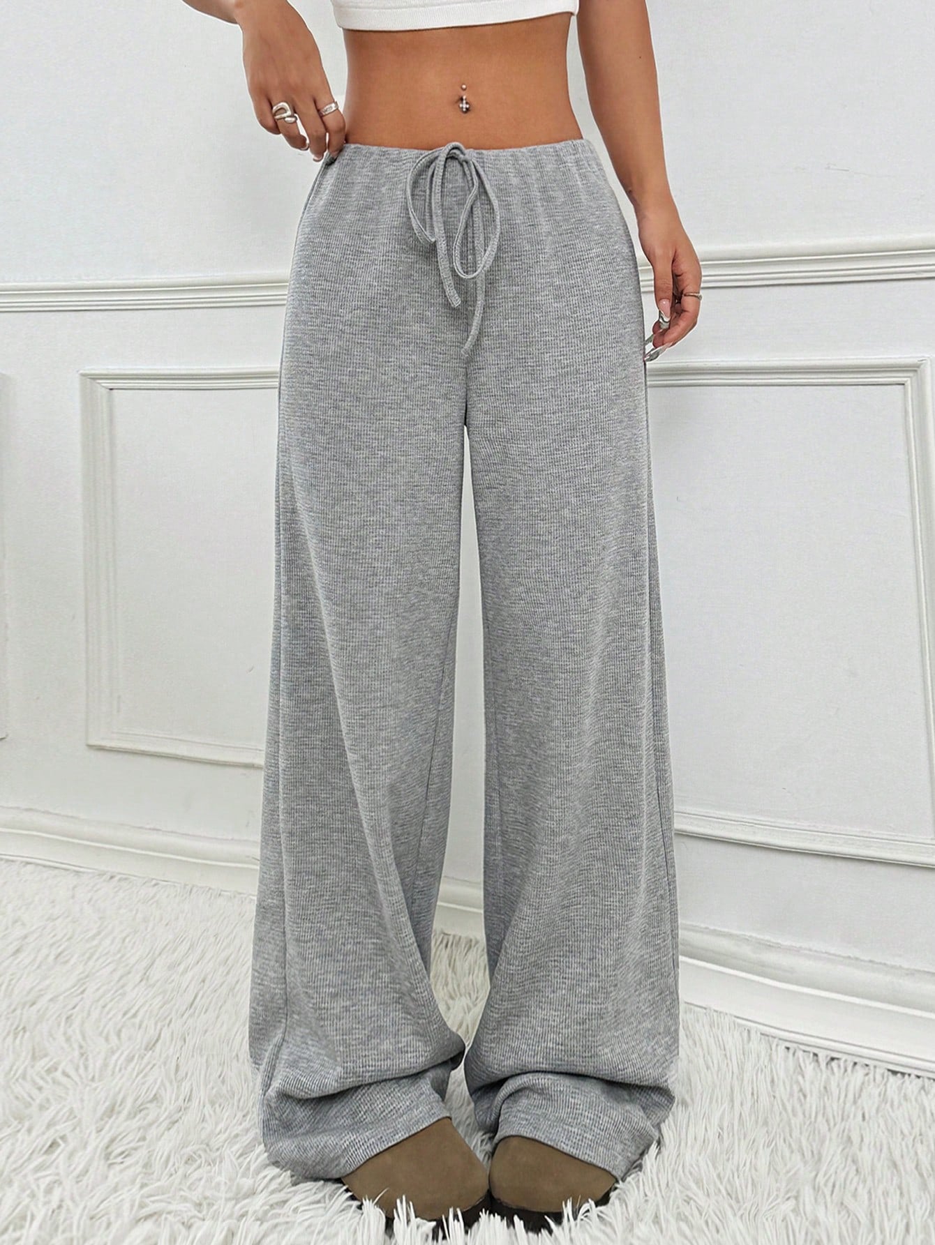 Autumn Winter Women Casual Striped Solid Color Rubber Band Drawstring Straight Leg Pants Light Gray