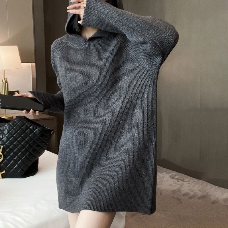 Hooded Sweater Women Coat Autumn Winter Loose Solid Color Casual Pullover Sweater Women