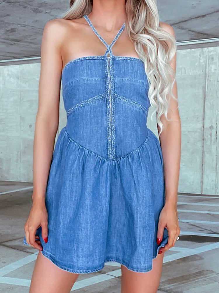 Women Clothing Retro Denim Worn Halter Tube Top A Line Dress Short Dress for Women Blue