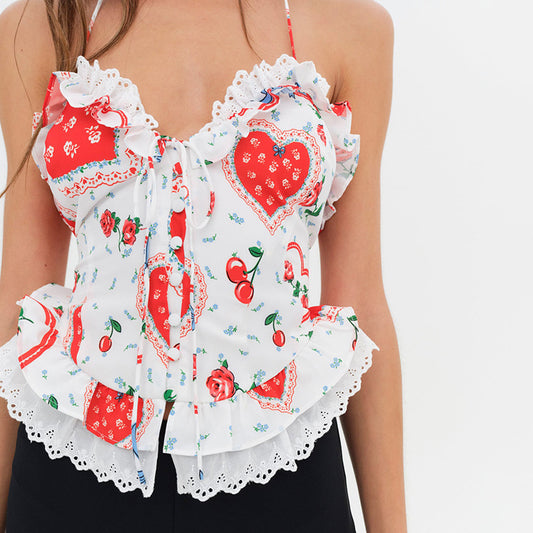 Women Clothing Summer Printed Tube Top Lace Patchwork Top