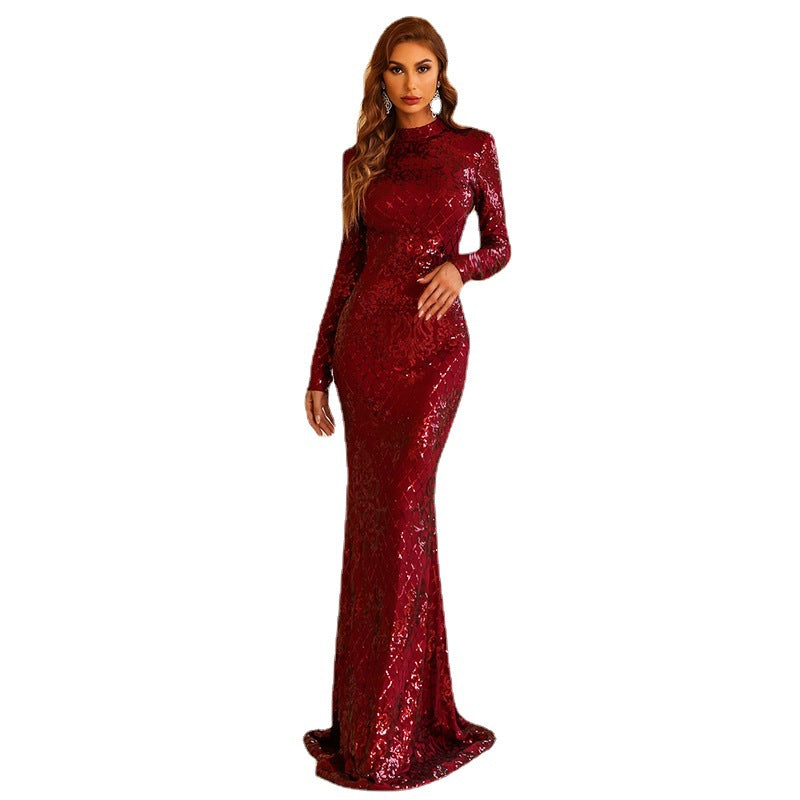 Round Neck Long Sleeve Red Wedding Elegant High-End Socialite Mopping Dress Sexy Evening Dress Prom Formal Gown