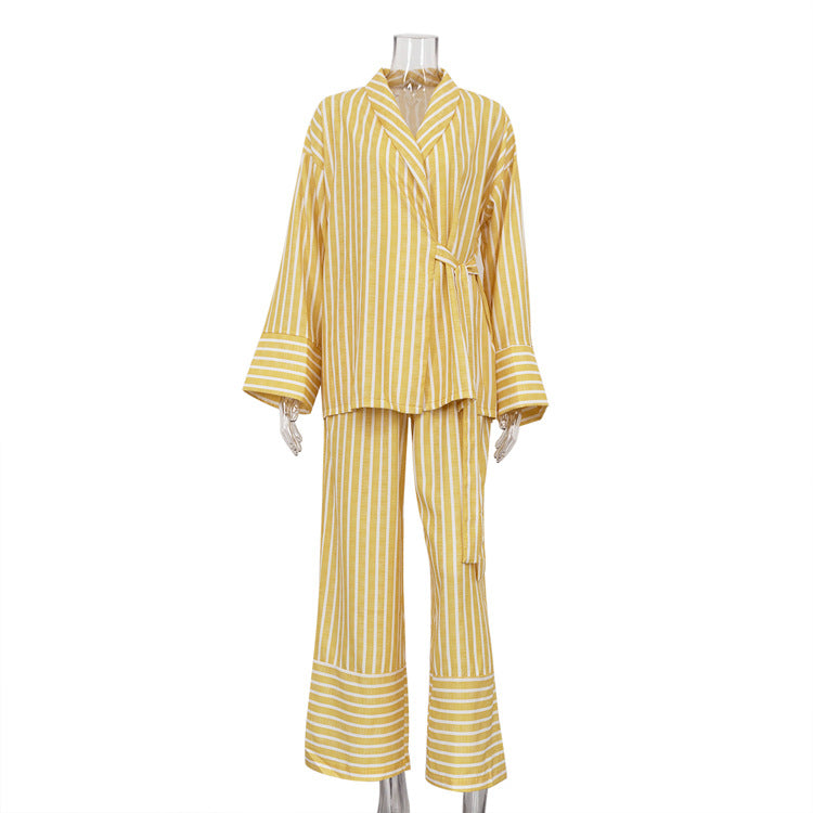 Women' Clothing Autumn Striped Long Sleeve Loose Lace up Top High Waist Trousers Casual Set Yellow