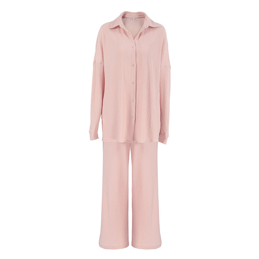 Knitted Pajamas Casual Long Sleeved Shirt Trousers Two Piece Set Pleated Home Wear for Women