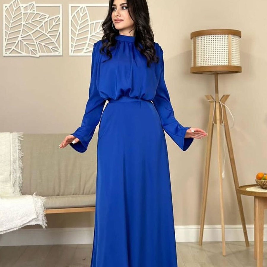 Satin Half Turtleneck Lace Up Long Sleeve High Waist Dress Blue