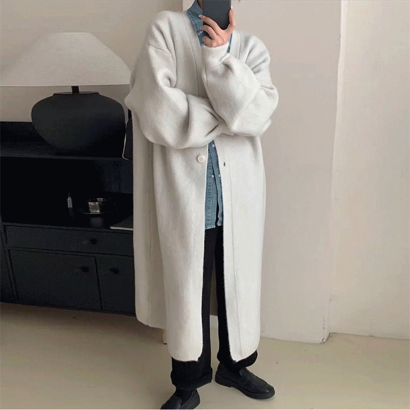 Autumn Winter Gentle Soft Glutinous Knitted Cardigan Women Clothes Solid Color Idle Loose Slimming Mid Length Overknee Coat One Size Ivory