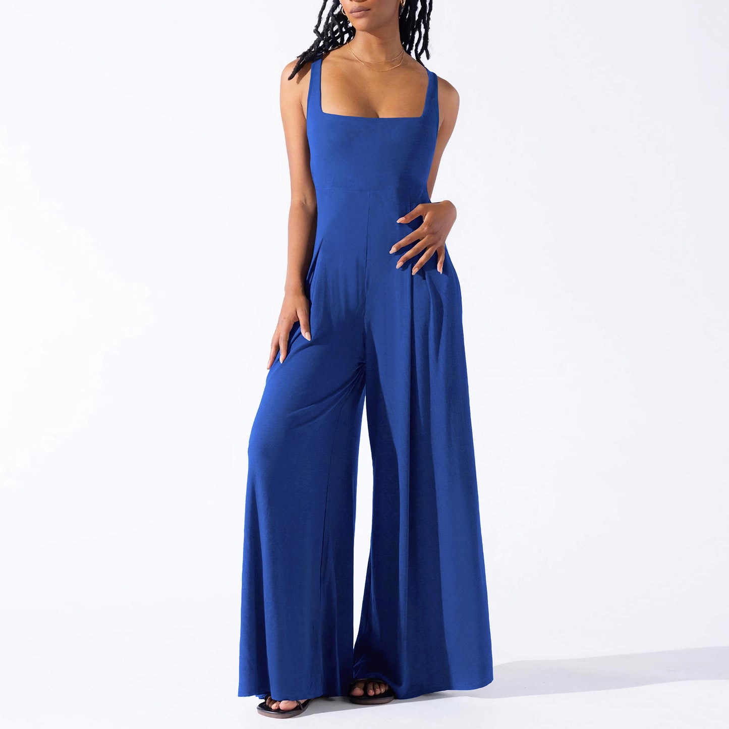 Casual Knitted Sexy Sling Wide Leg Jumpsuit Summer Women Clothing Blue