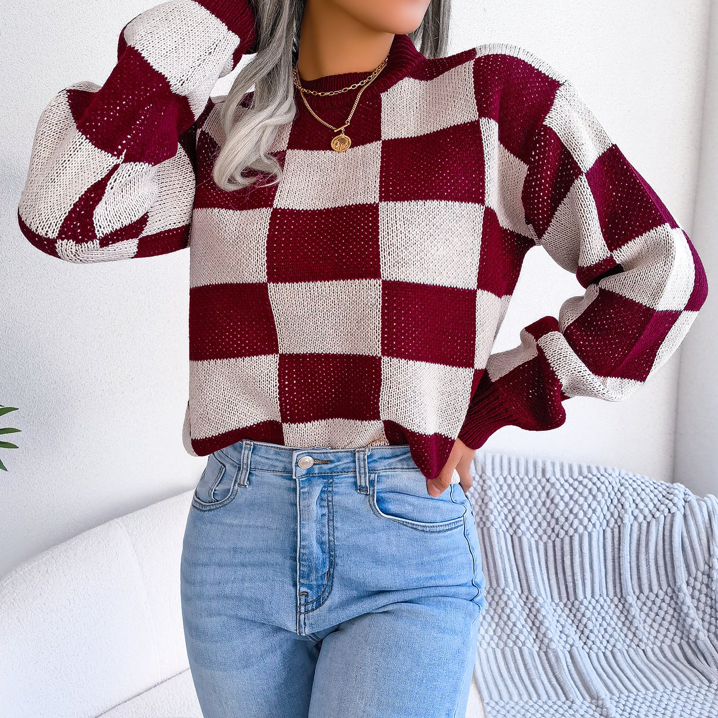 Autumn Winter Street Color Contrast Check Long Sleeve Pullover Knitted Sweater Women Clothing Burgundy