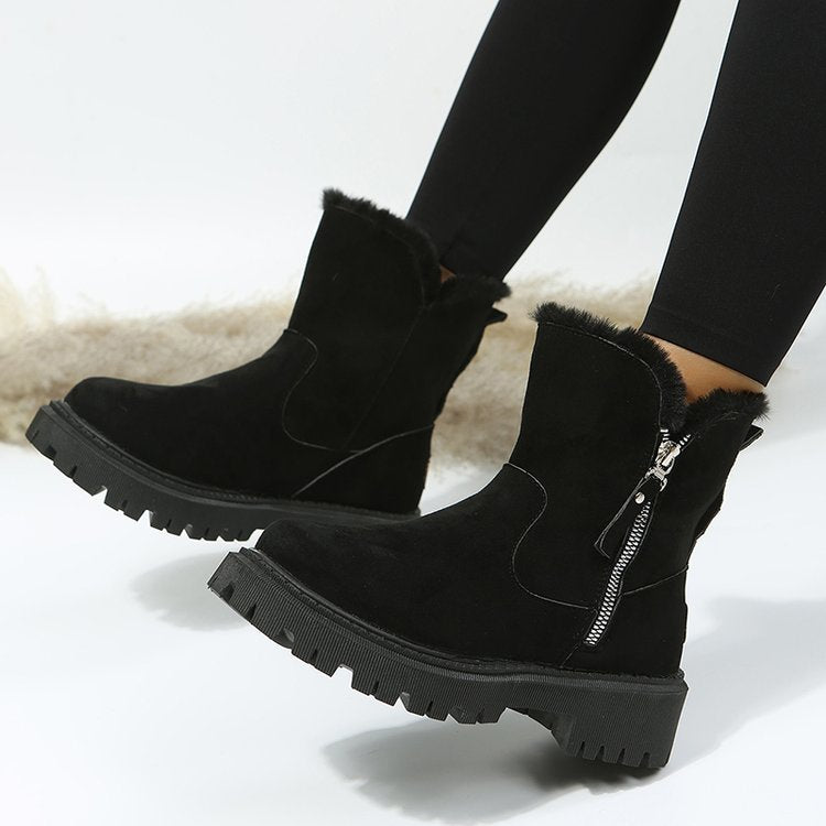 Short Thick Soled round Toe Snow Boots Women Vintage Fleece-Lined Thickening Thermal Cotton Shoes Black