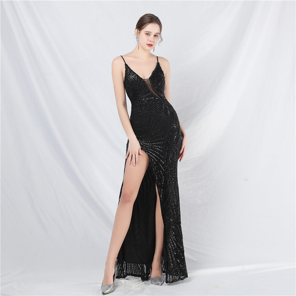 Heavy Industry Beaded Sequin Gauze See through Strap Long Evening Dress Black