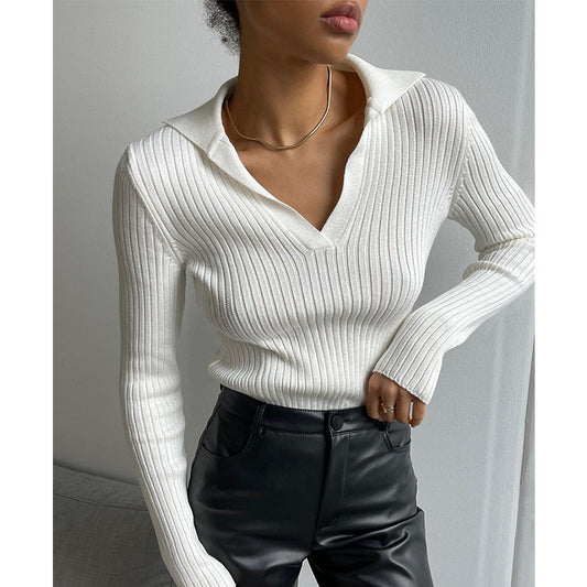 Polo Collar Knitted Sweater Autumn Winter Office Slim Fit Sunken Stripe Bottoming Pullover Sweater Women