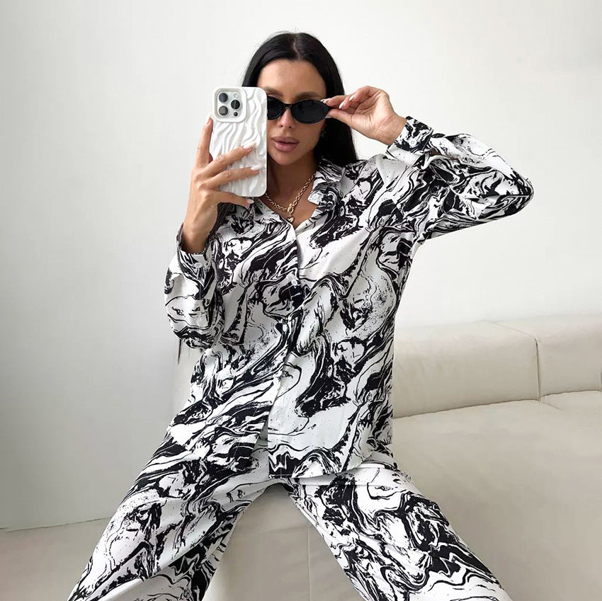 Fall Satin Printed Cardigan Long Sleeve Pants Women Home Wear Loose Soft Comfortable Pajamas Suit