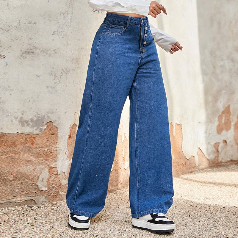 High Waist Jeans Autumn Loose Straight Trousers Draping Single Breasted Mop Pants High Waist Slimming Wide Leg Pants