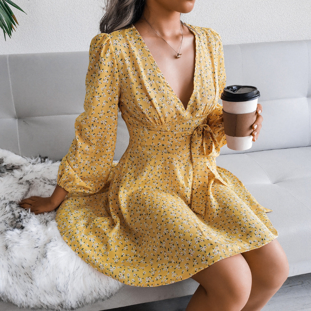 Autumn Winter Sexy V neck Long Sleeve Floral Chiffon Dress Women Clothing