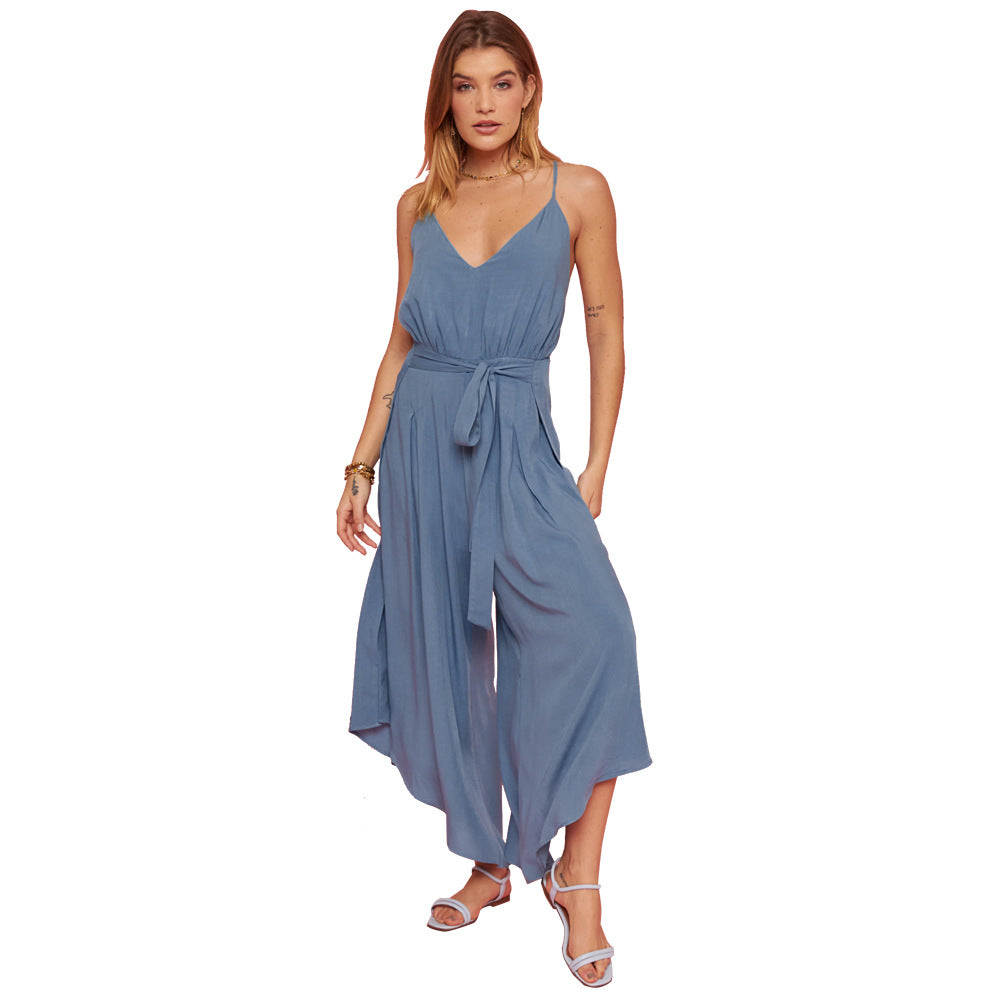 Chiffon V neck Waist Controlled Casual Lace up Irregular Asymmetric Jumpsuit Blue