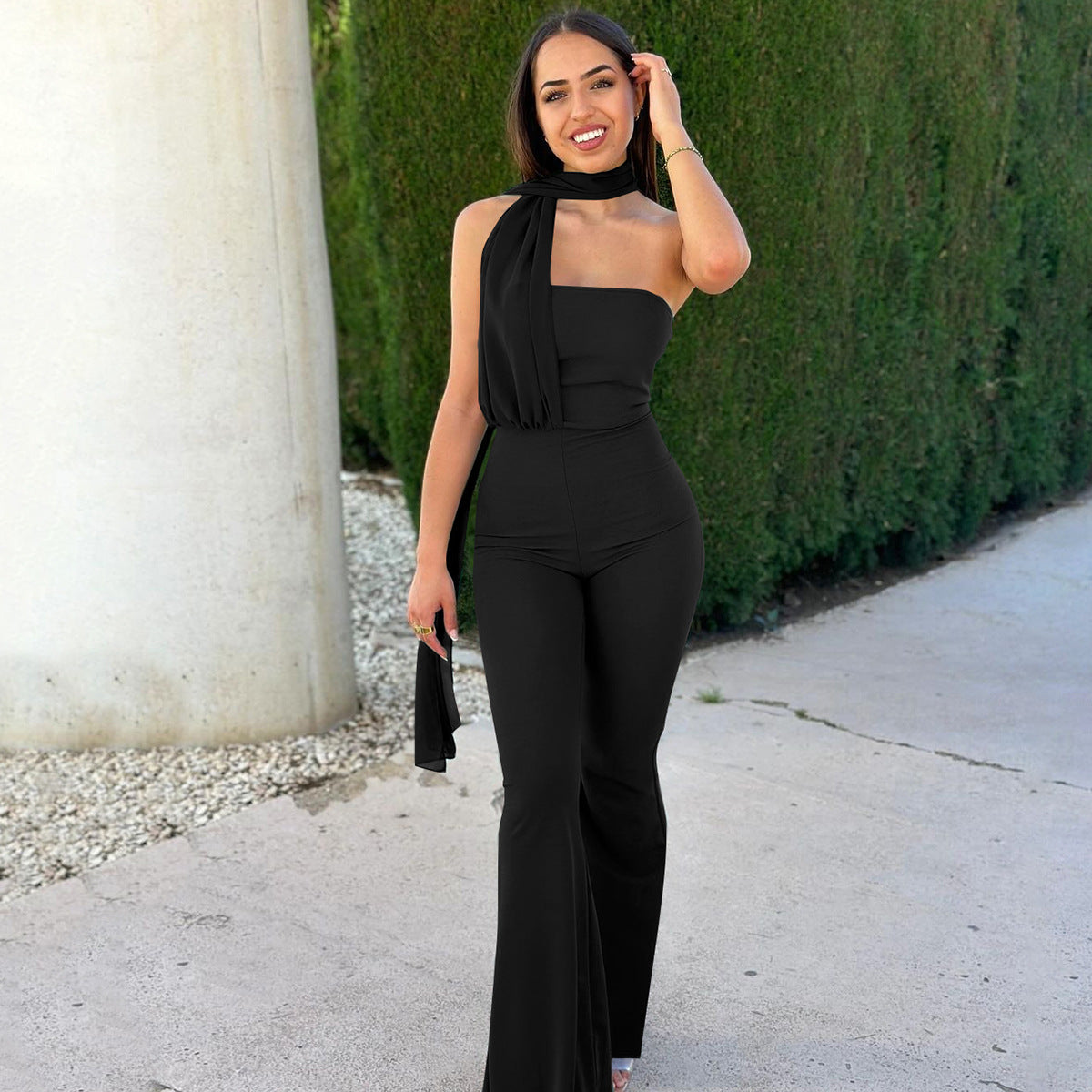 Women Wear Summer Elegant Slim Tube Top Halter Ribbon Jumpsuit Black