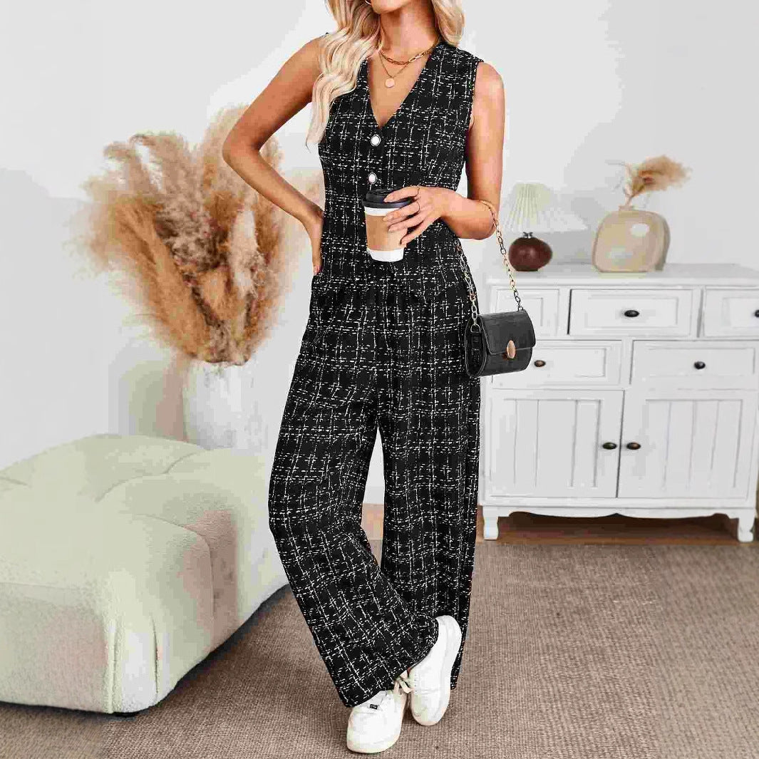 Professional Office Classic Knitted Plaid Vest Top plus Wide Leg Trousers Ladies Sets