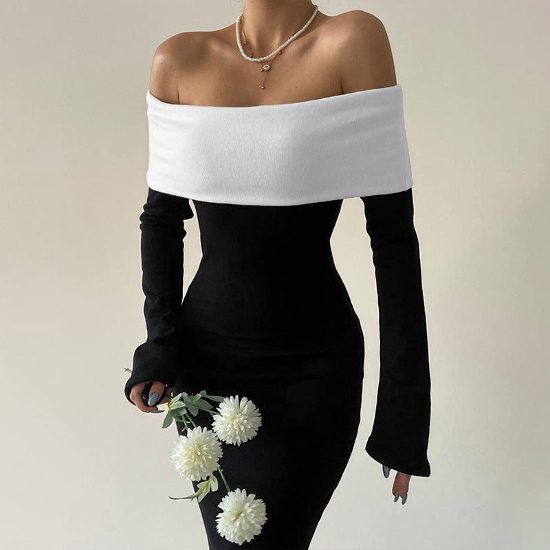 Women Clothing Autumn Winter Contrast Color off Shoulder Long Sleeve Waist Slimming Maxi Dress