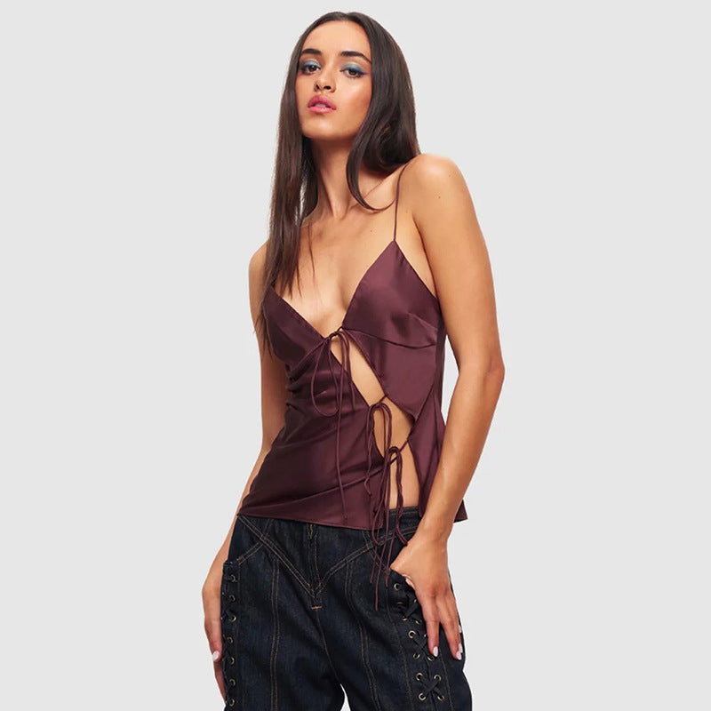 Women Clothing Summer Solid Color Low Cut Sling Rope Sexy Waist Hollow Out Cutout Tops L Brown