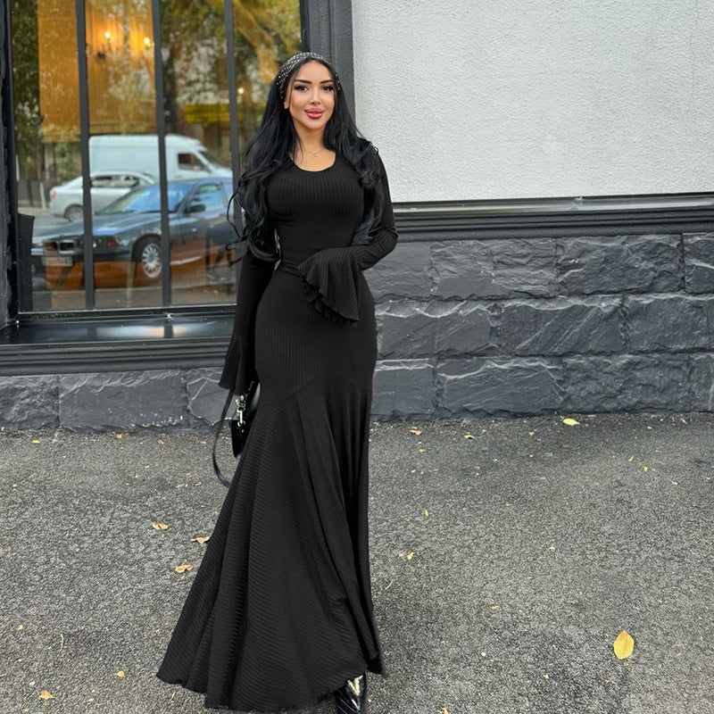 Autumn Winter round Neck Waist Trimming Flared Long Sleeve Dress Elegant Fishtail Solid Color Dress Black