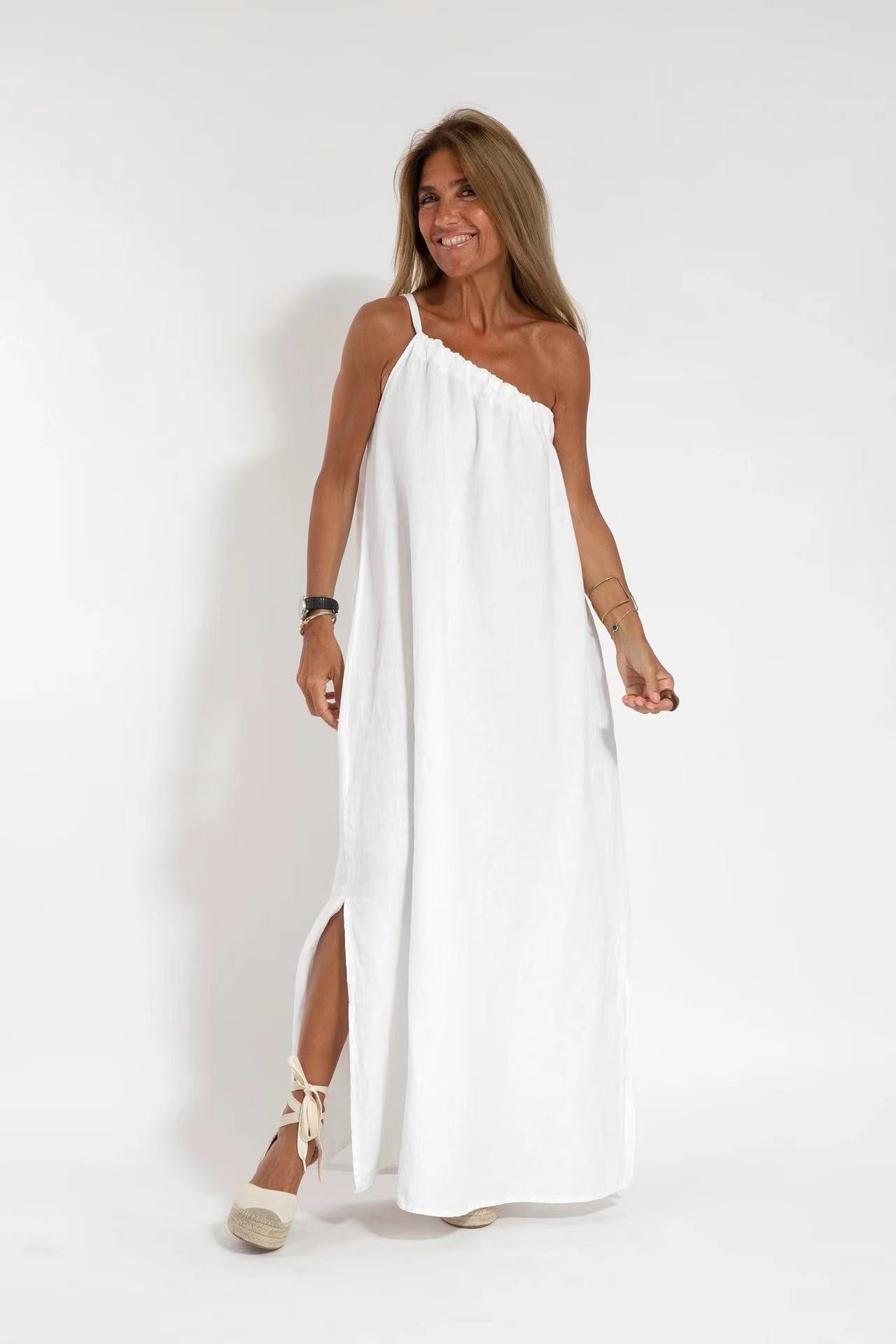 Fashionable off Shoulder Asymmetric Slit Dress White