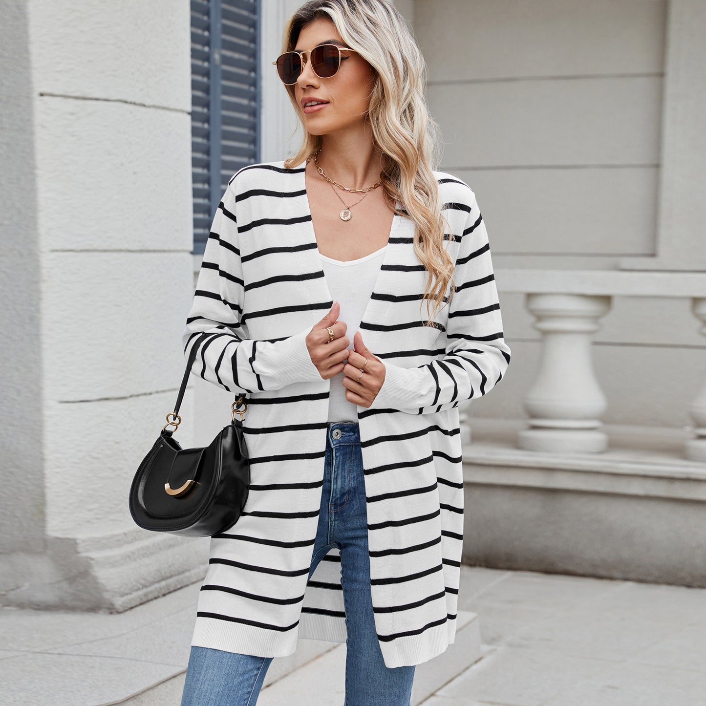 Women Clothing Cardigan Long Knitted Striped Coat Sweater