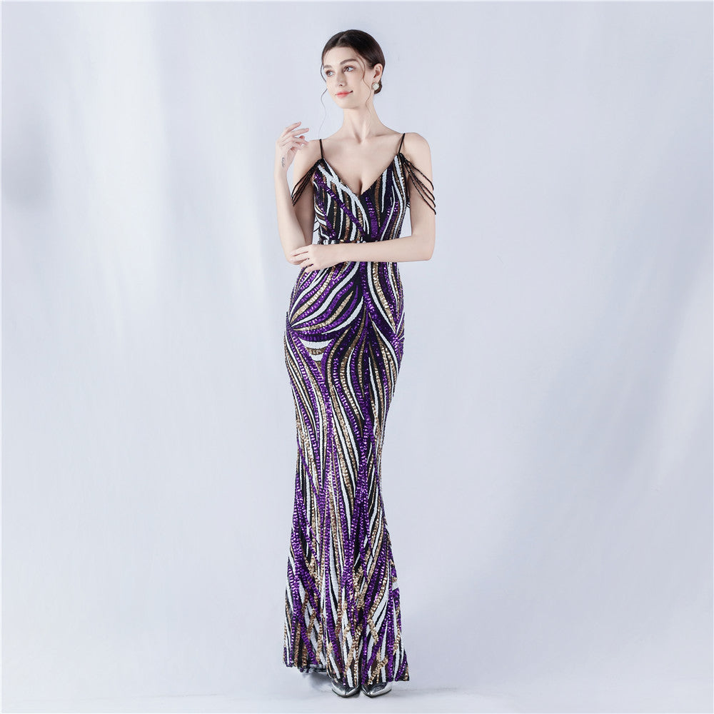 Sequin Stripes Contrast Color Fit Dinner Host Annual Meeting Sling Maxi Dress Women Purple