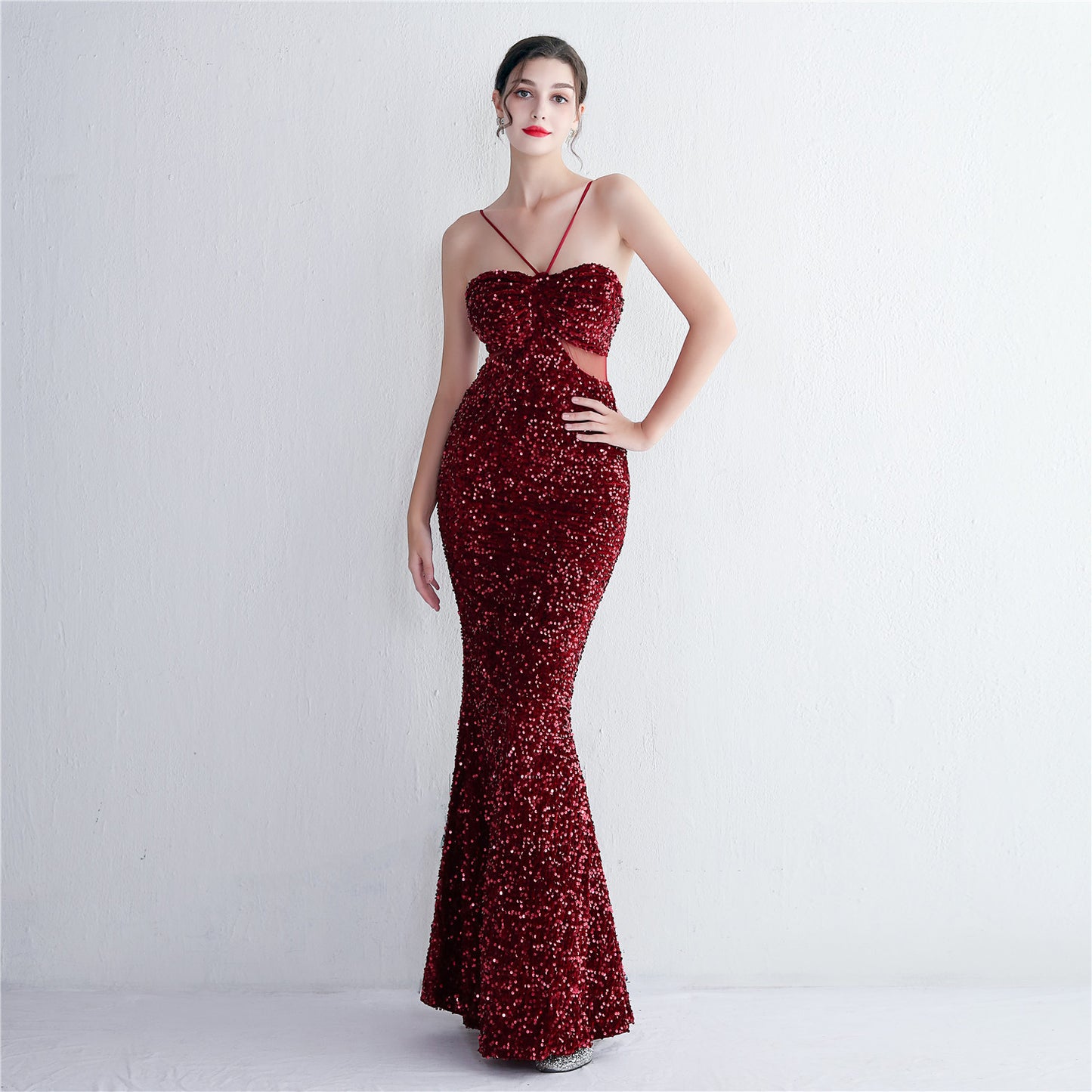 Bottom Sequin Suspender Party Sequined Dress Long Banquet Slim Fit Evening Dress Elegant Burgundy